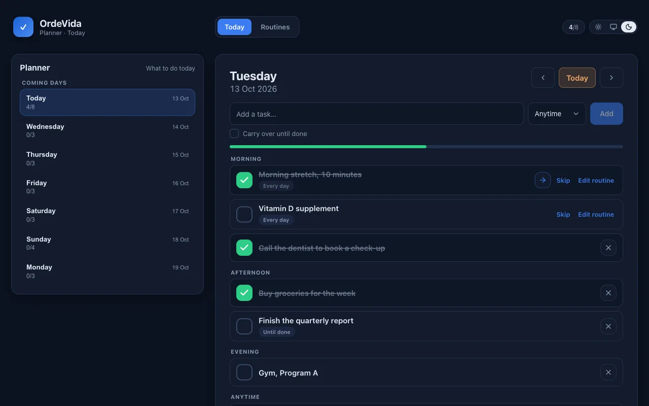 Today's checklist in OrdeVida with morning, afternoon and evening tasks