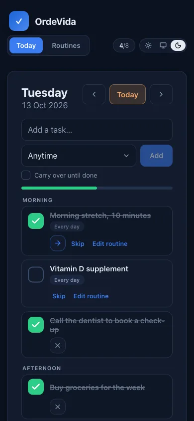 Today's checklist in OrdeVida with morning, afternoon and evening tasks, on a phone