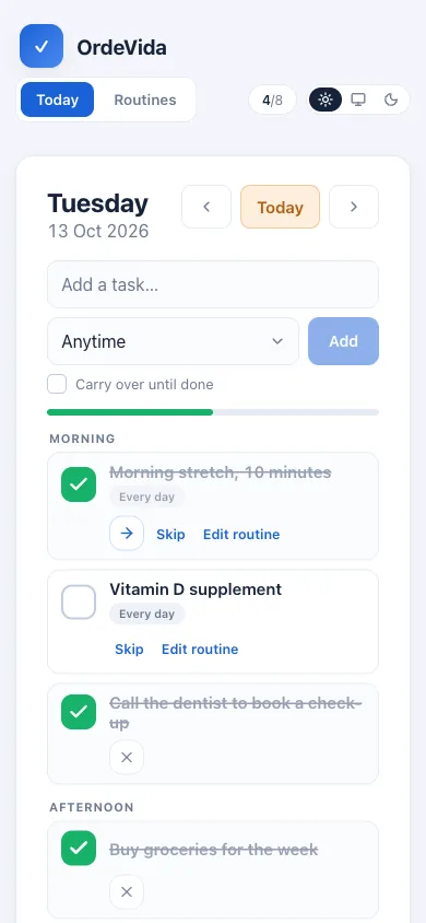 Today's checklist in OrdeVida with morning, afternoon and evening tasks, on a phone
